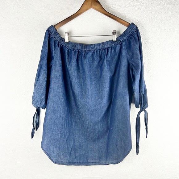 FADED GLORY |💙 Denim Blue Chambray Boatneck 1/2 Sleeves Prasant Blouse Top - Picture 2 of 9